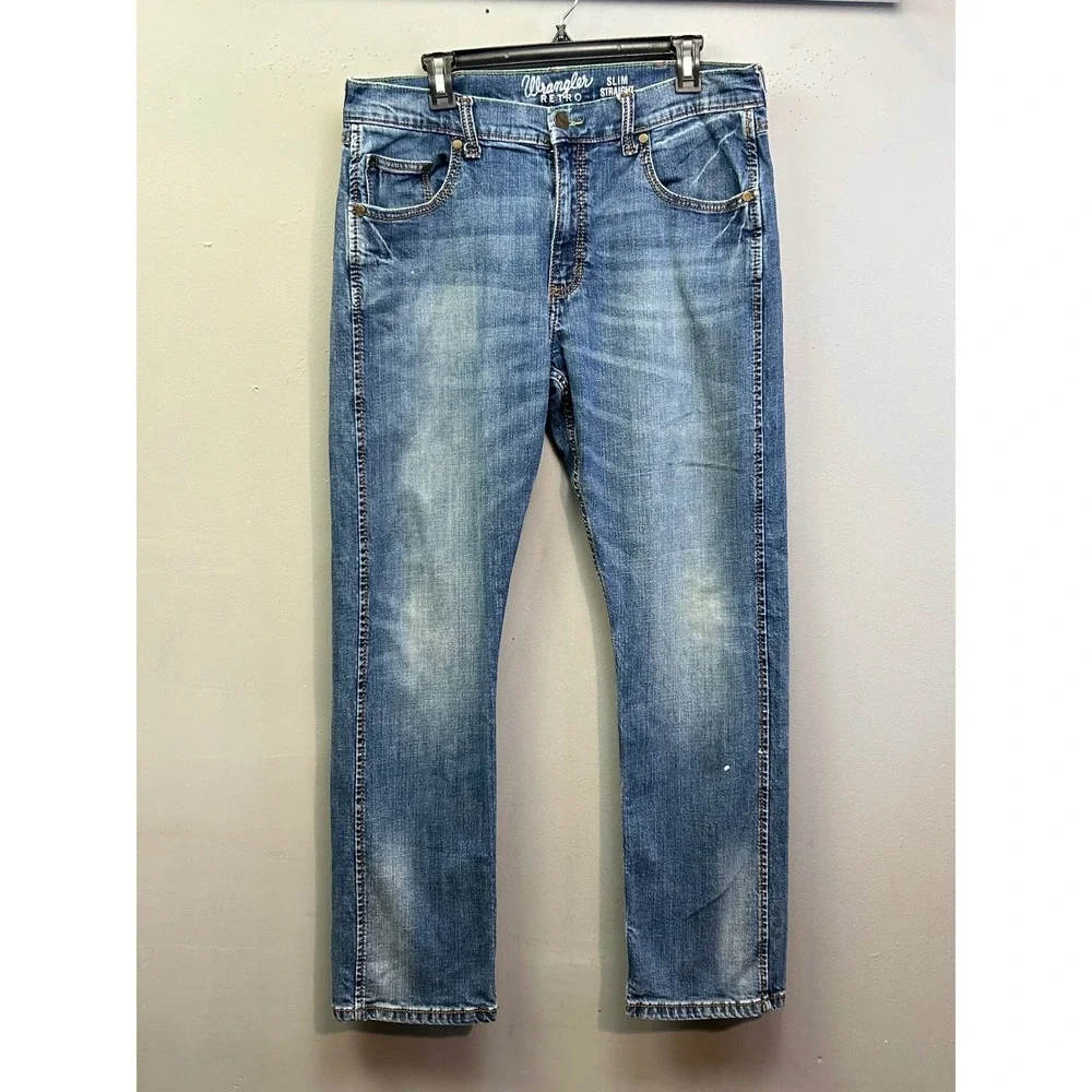 Wrangler Jeans Mens 36x32 Blue Wrangler Retro Slim Straight Distressed Denim